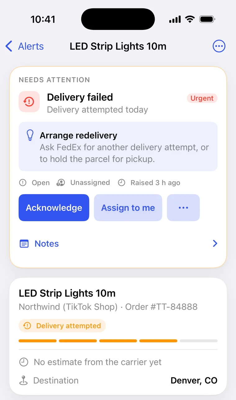 A Delivery failed alert for LED Strip Lights 10m, marked urgent, suggests Arrange redelivery with FedEx, with Acknowledge and Assign to me buttons.
